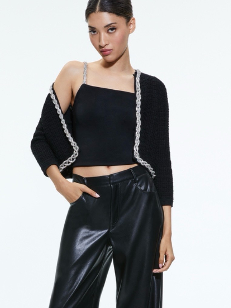 Alice + Olivia Black Open Front Cardigan With Silver Braided Crystals. New!